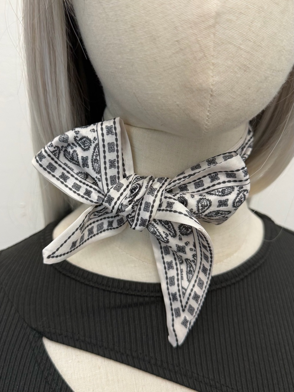 Black White Paisley Twilly Scarf Bandana Print Hair Ribbon Neck Scarf Boho